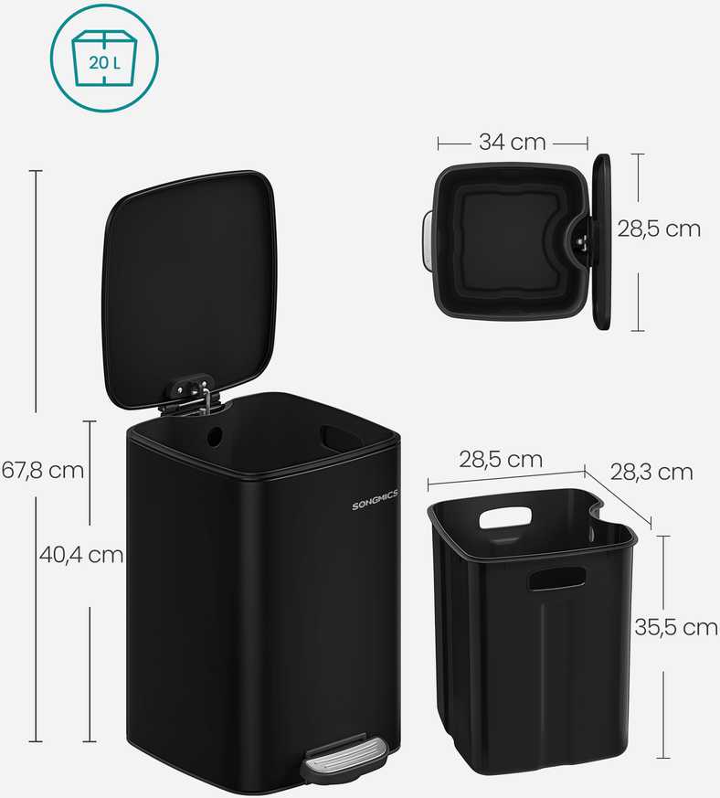 Songmics 20 litrų talpos plieninė šiukšlių dėžė rašalas juoda