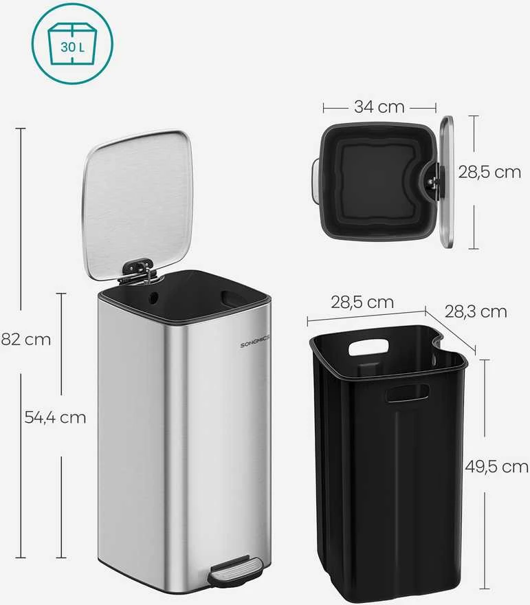 Songmics 30 litrų talpos plieninė šiukšliadėžė metallic sidabrinis