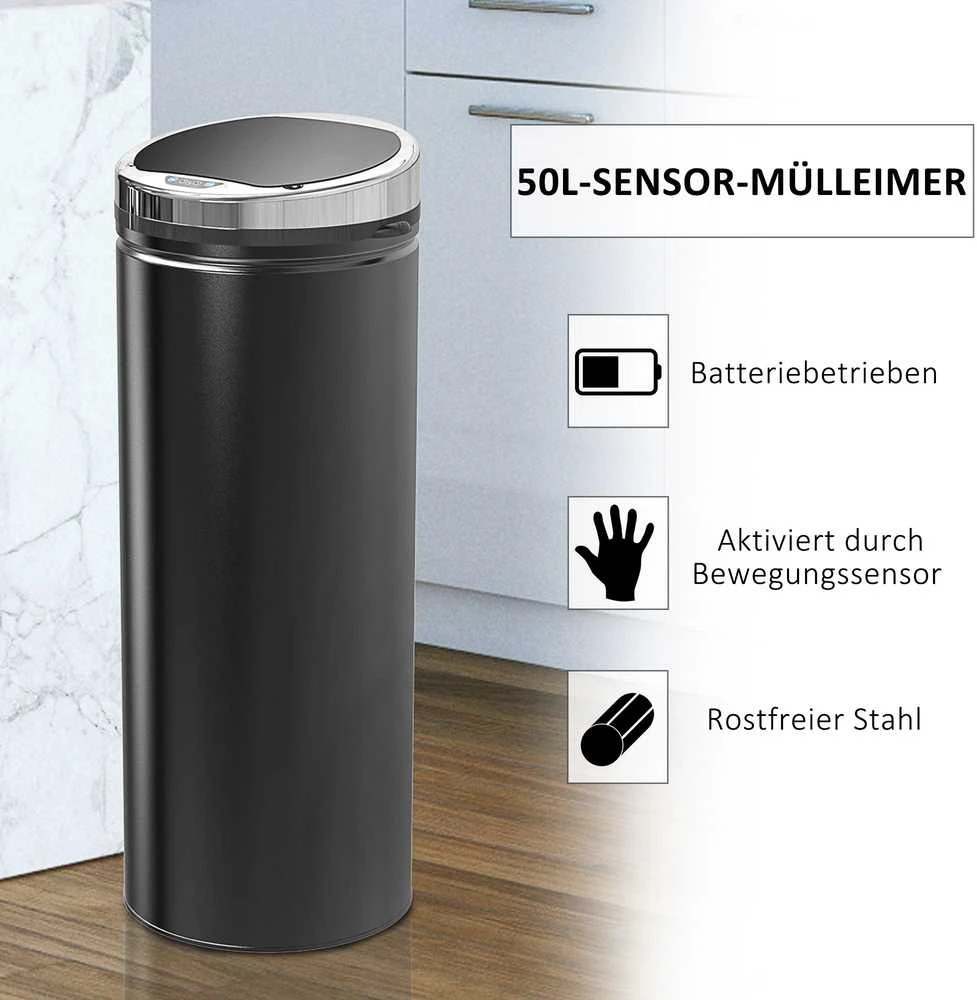 HOMCOM 50L sensorinė šiukšliadėžė, automatinė atliekų dėžė, nerūdijančio plieno virtuvinė šiukšliadėžė, infraraudonųjų spindulių jutiklis, juoda, nerūdijantis plienas