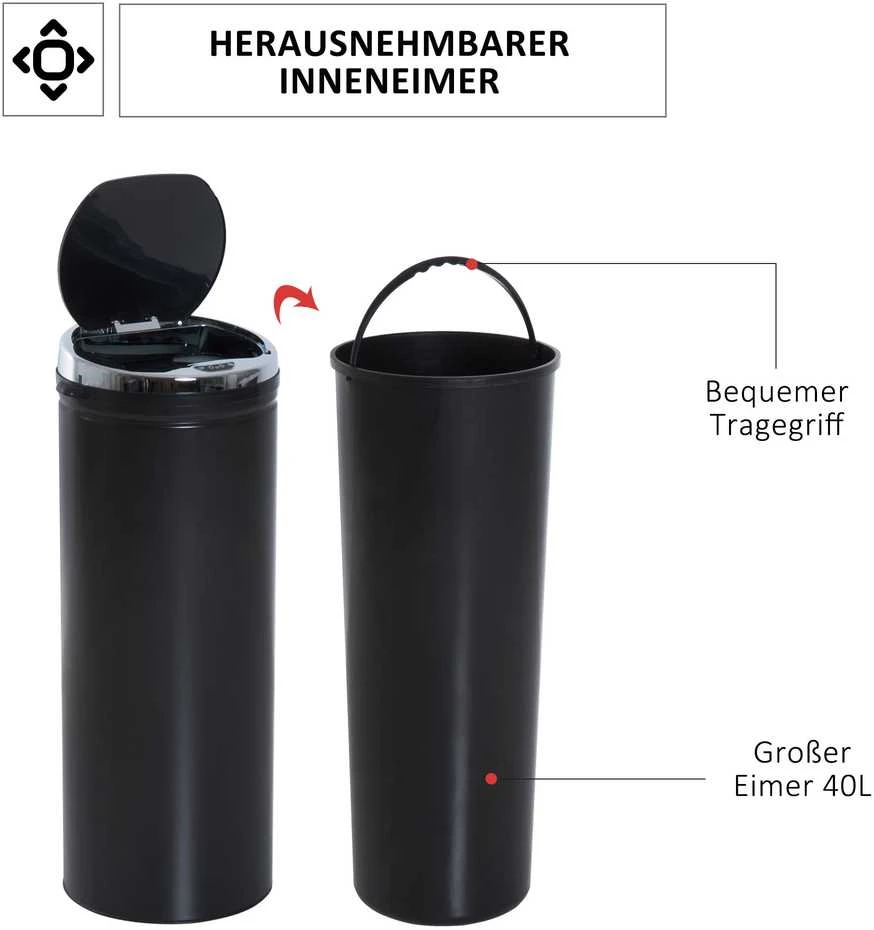 HOMCOM 50L sensorinė šiukšliadėžė, automatinė atliekų dėžė, nerūdijančio plieno virtuvinė šiukšliadėžė, infraraudonųjų spindulių jutiklis, juoda, nerūdijantis plienas
