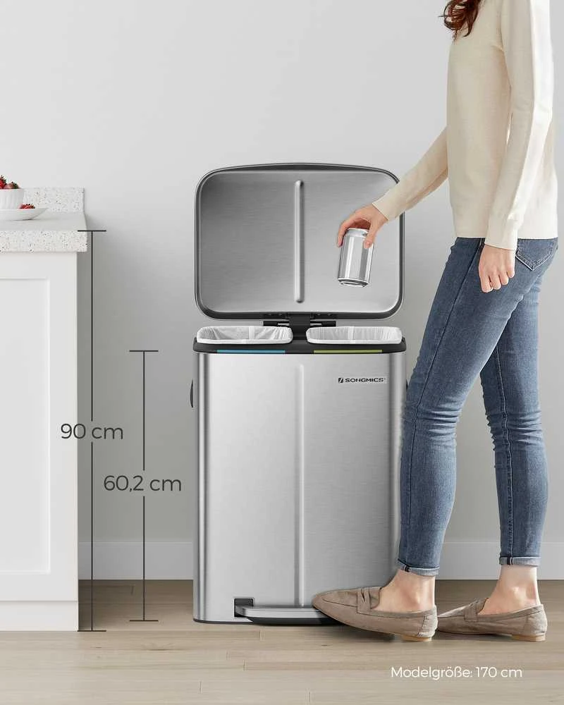 Songmics 40 litrų talpos šiukšliadėžė su 2 skyriais sidabrinė
