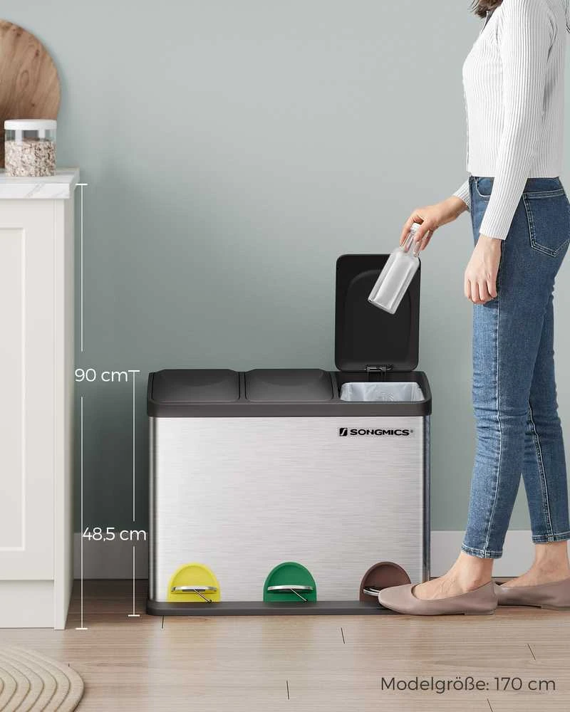 Songmics Didelis 45 litrų talpos atliekų separatorius (3 x 15 l)