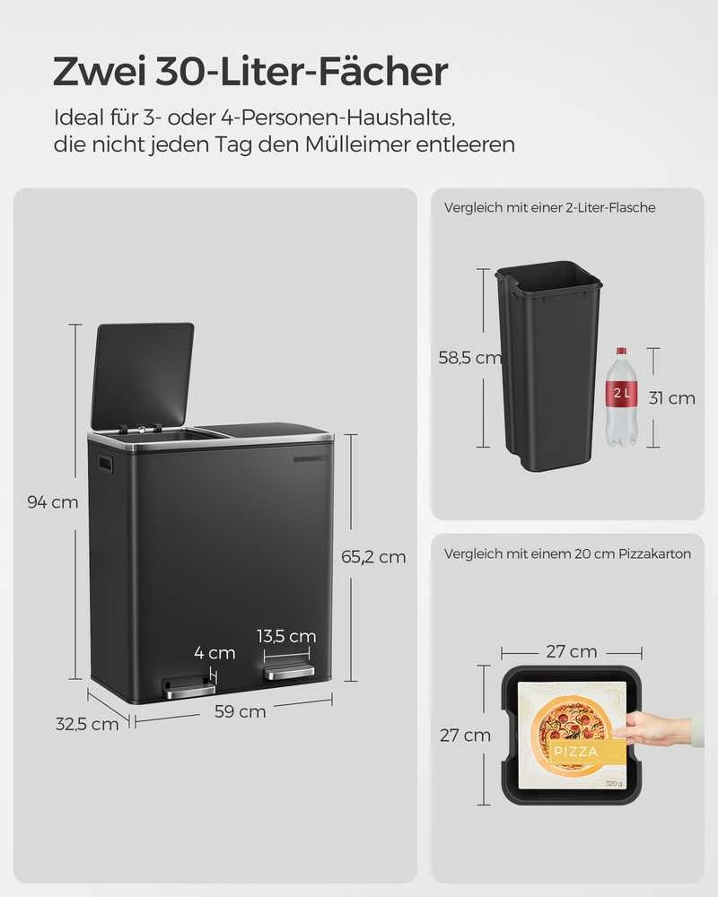 Songmics Šiukšlių dėžė 60 litrų (2 x 30 L) Juoda