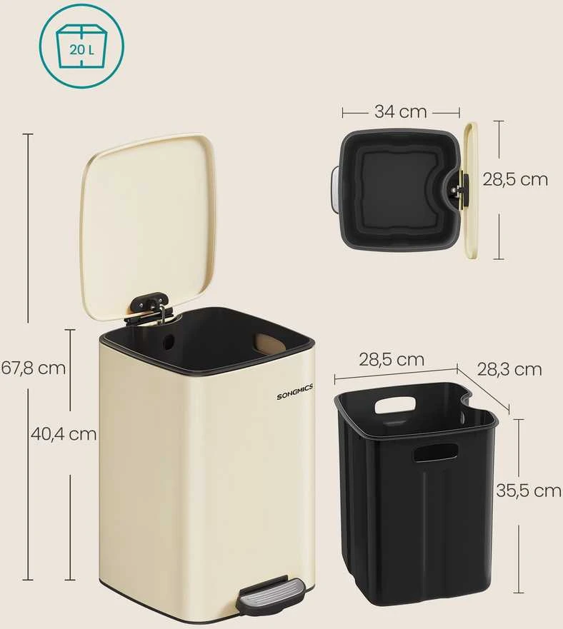 Songmics Šiukšliadėžė iš plieno 20 l smėlio spalvos