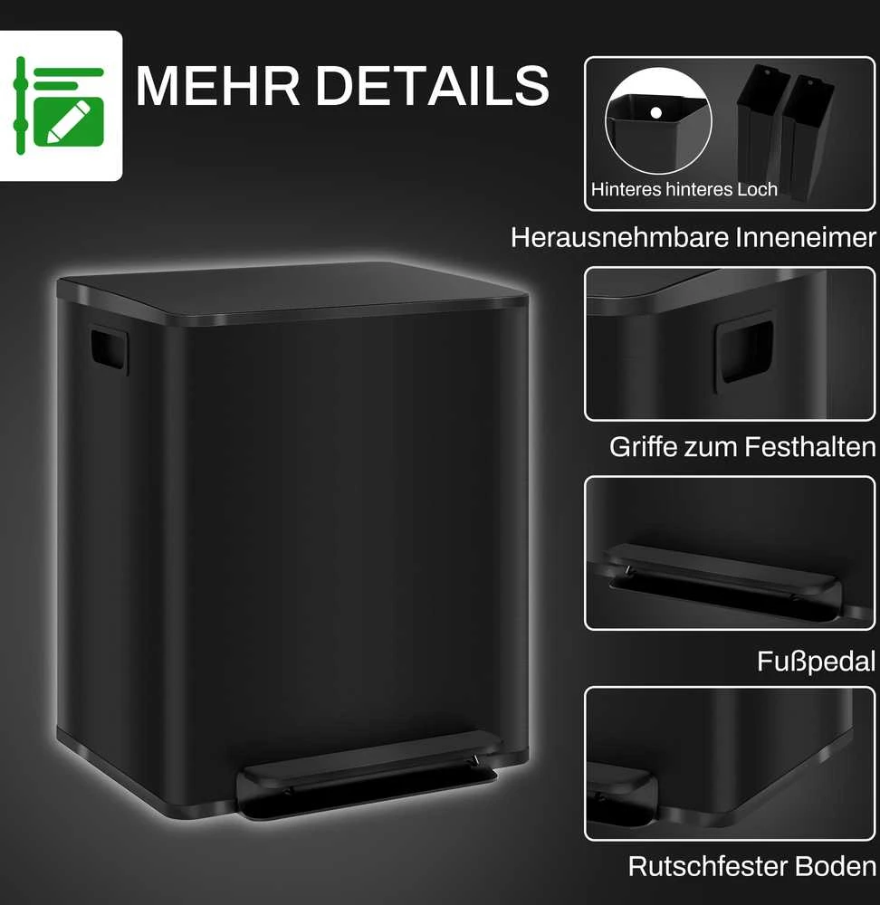 HOMCOM šiukšliadėžė 2 x 25 l, su pedalu, atliekų konteineris su vidiniais kibirais, skirta svetainei, biurui, nerūdijantis plienas, 47,7 x 37,5 x 56 cm