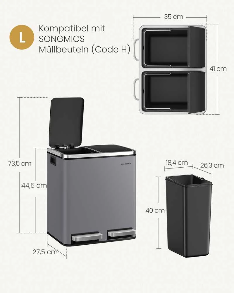 Songmics Šiukšliadėžė matinė pilka 2 x 15 l