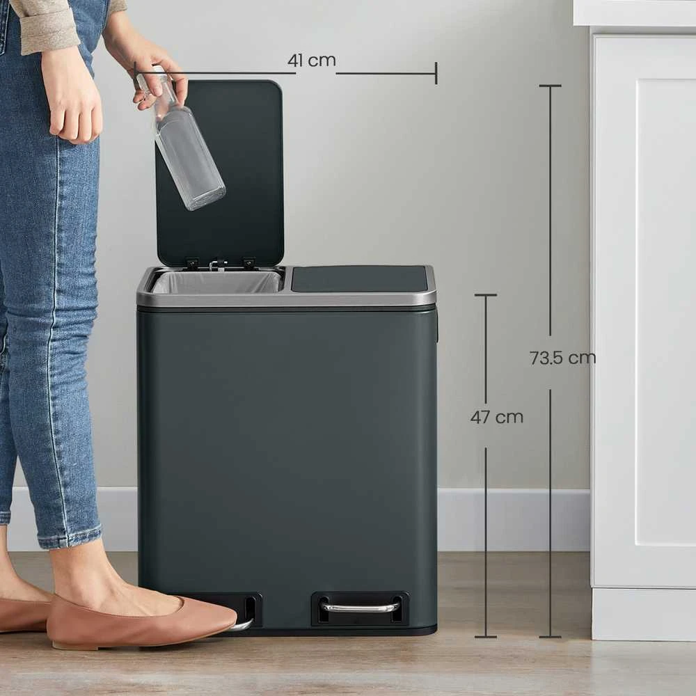 SONGMICS šiukšlių dėžė 2 x 15 litrų, šiukšlių rūšiavimo sistema su 2 skyreliais, įskaitant 15 šiukšlių maišelių