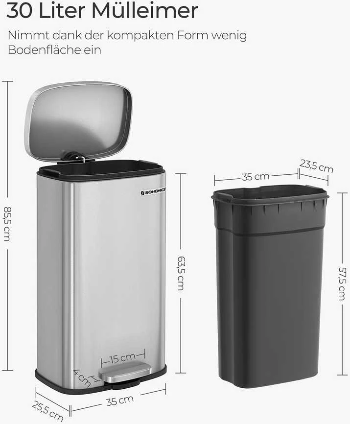 Songmics 30 litrų nerūdijančio plieno šiukšlių dėžė