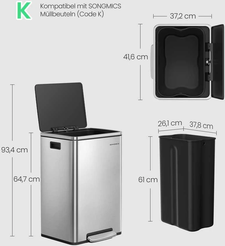 Songmics Šiukšliadėžė su dangčiu, 50 l, sidabrinė