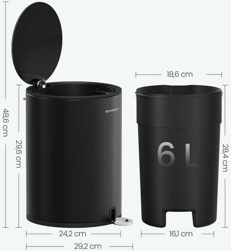 Songmics Šiukšliadėžė su dangčiu 6 l juoda