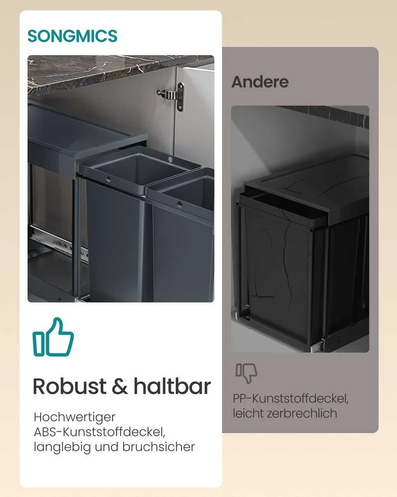 Songmics Šiukšliadėžė su dviem skyriais 48,6 × 25,4 × 44 cm pilka