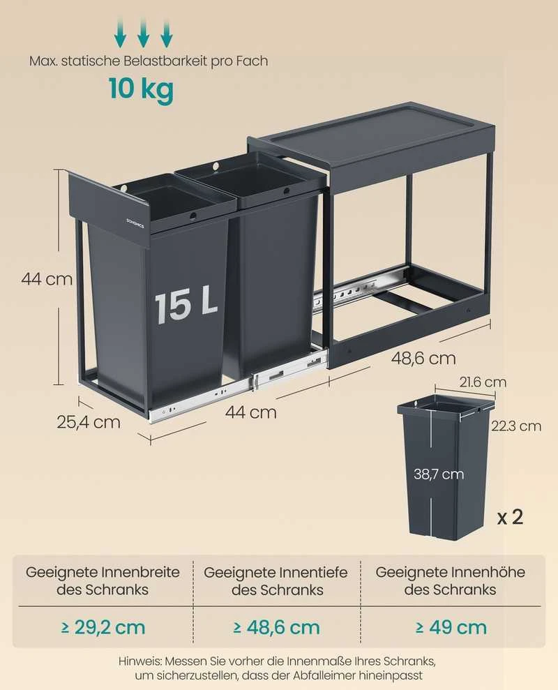 Songmics Šiukšliadėžė su dviem skyriais 48,6 × 25,4 × 44 cm pilka
