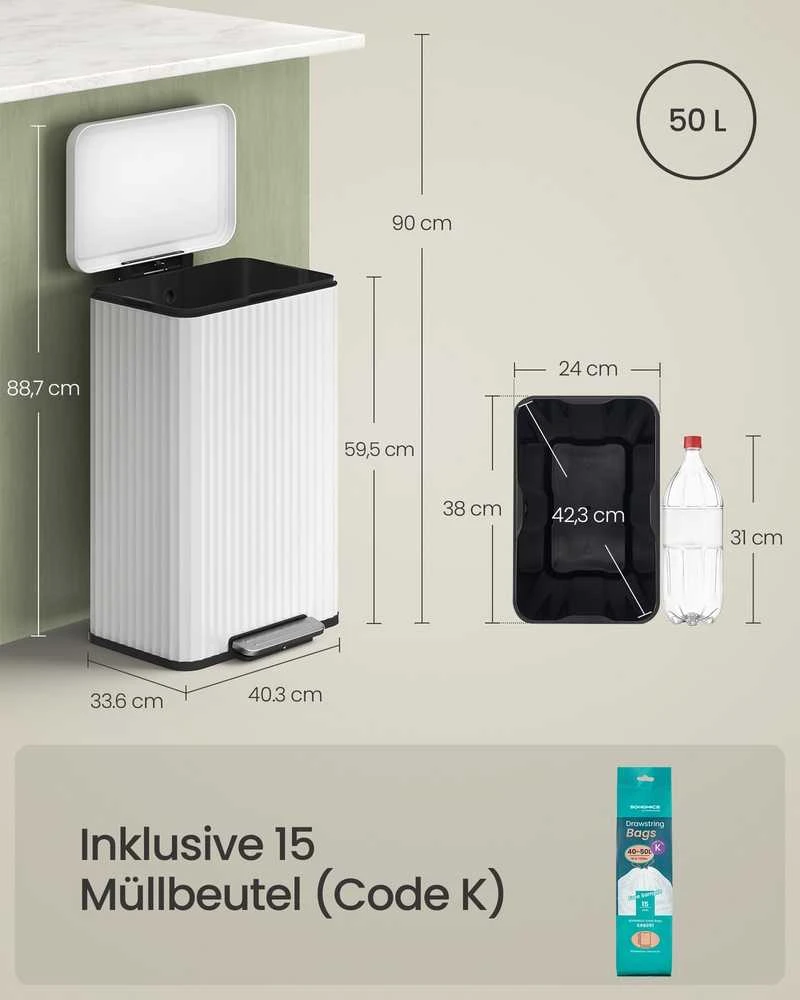 Songmics Šiukšliadėžė su pedalu 50 l baltos spalvos