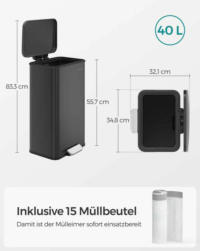 Songmics 40 litrų virtuvės atliekų dėžė su pedalais, juoda