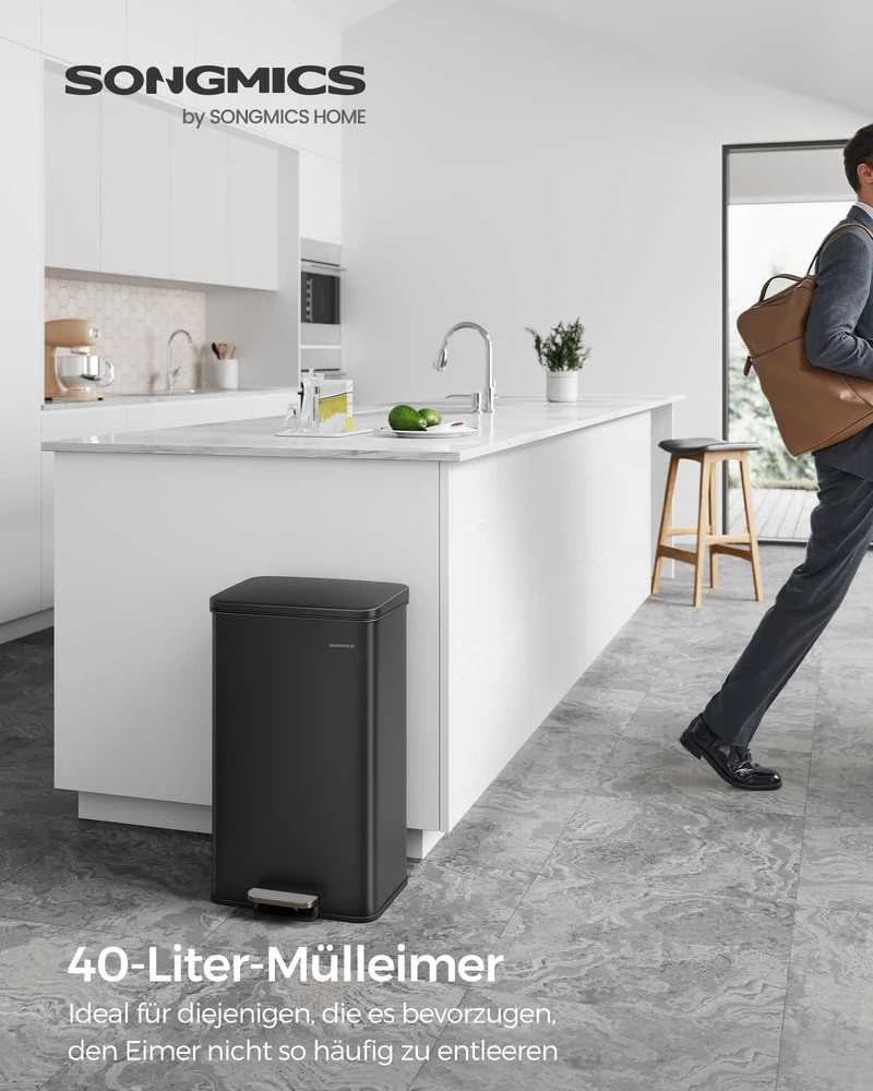 Songmics 40 litrų virtuvės atliekų dėžė su pedalais, juoda