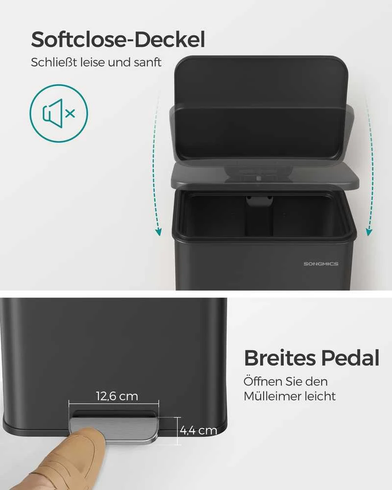 Songmics 40 litrų virtuvės atliekų dėžė su pedalais, juoda