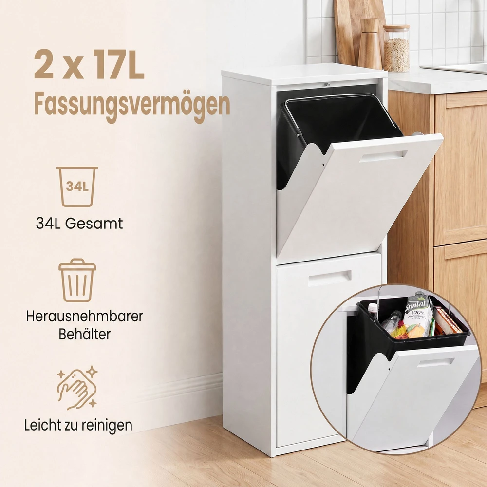 Songmics Šiukšlių rūšiavimo sistema su 2 × 17 l talpomis, balta, 24,1 × 34,7 × 92,1 cm