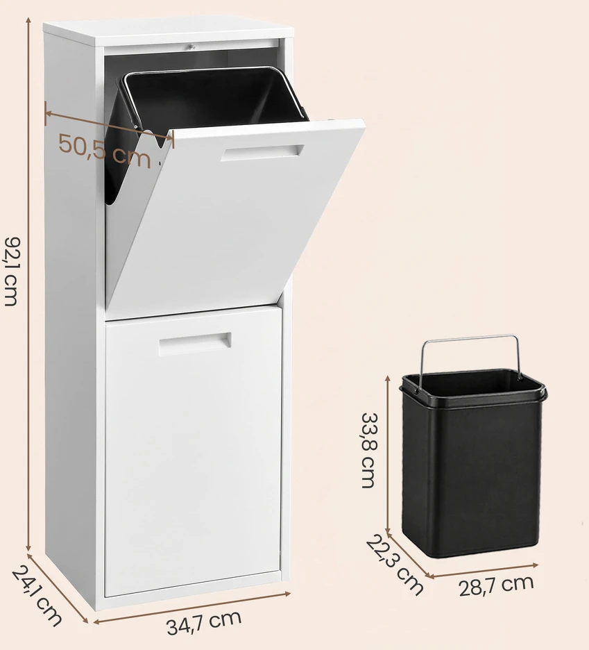 Songmics Šiukšlių rūšiavimo sistema su 2 × 17 l talpomis, balta, 24,1 × 34,7 × 92,1 cm