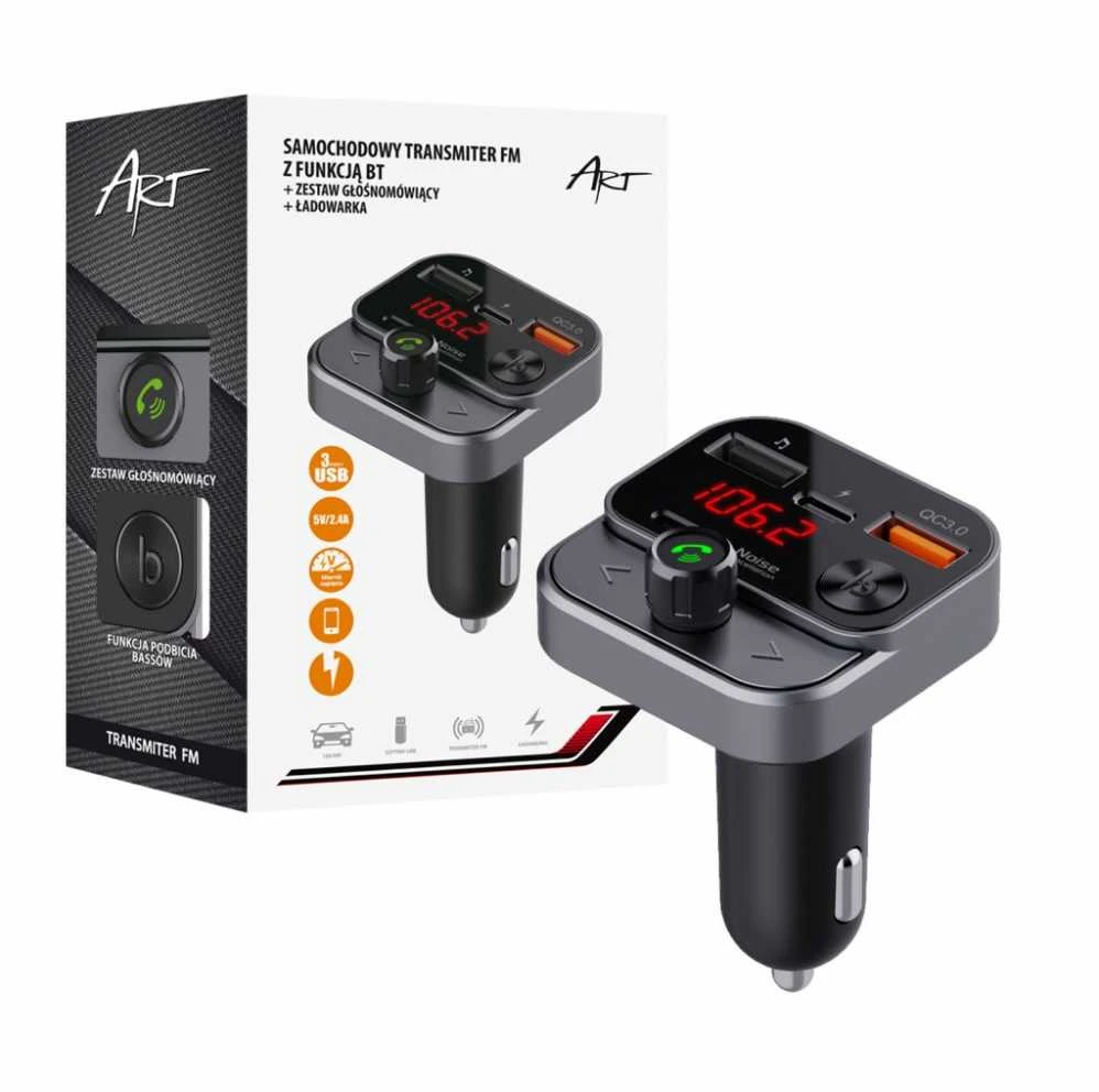 ART transmiter FM bluetooth 5.0 + USB A QC3.0 + Typ C (total 30W) FM-84B juodas
