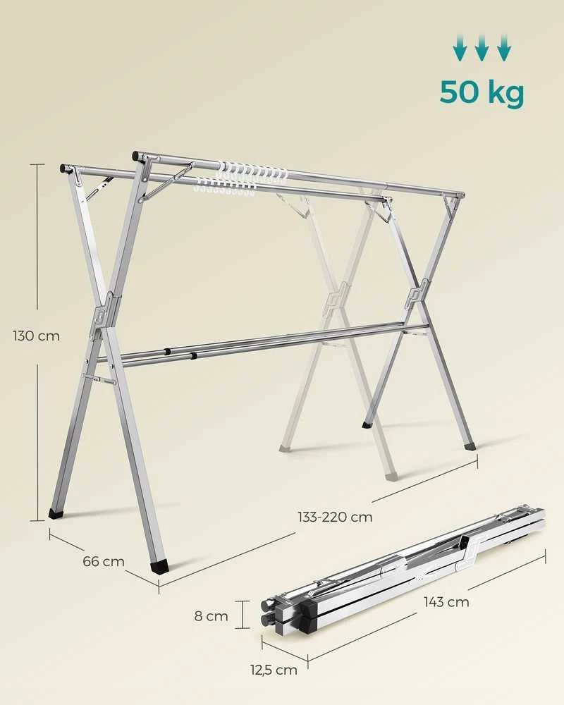 Songmics Drabužių arkliukas 133-200 cm ištiesiamas ir laisvai pastatomas