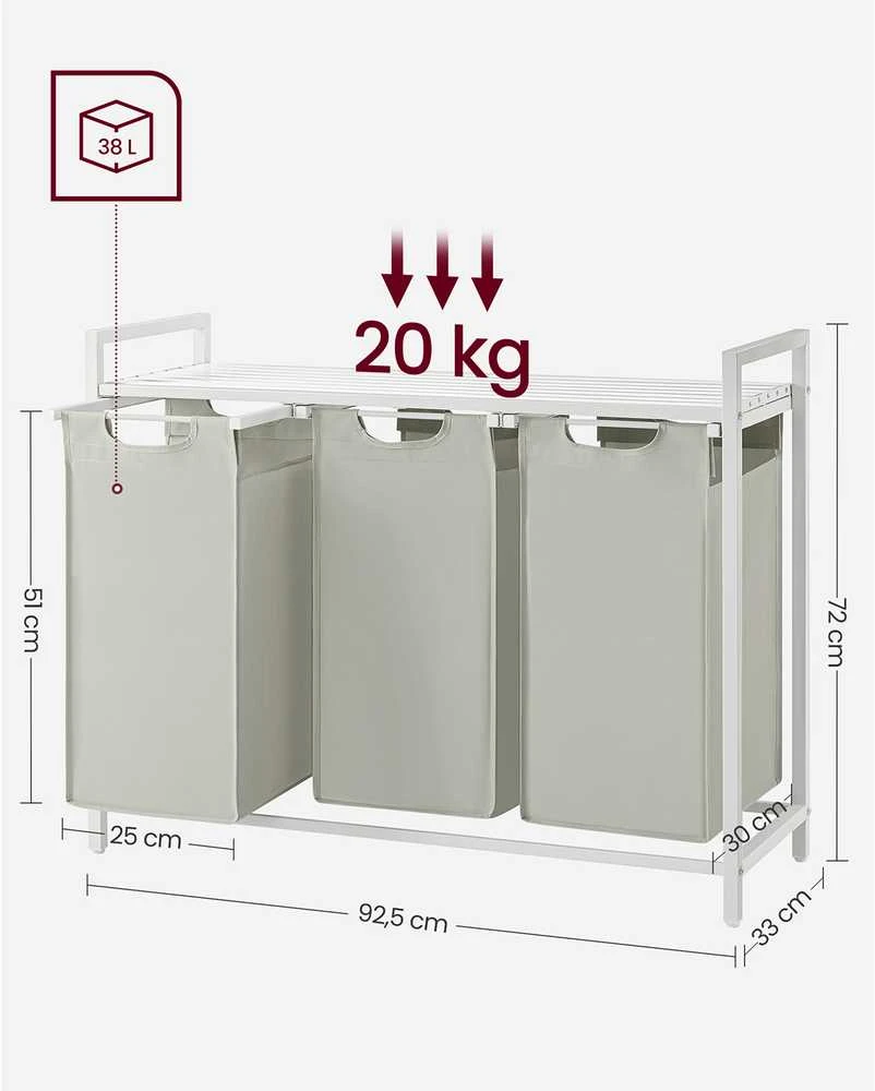 Songmics Vasagle Skalbinių krepšys 3 x 38 L su 1 lentyna baltos spalvos