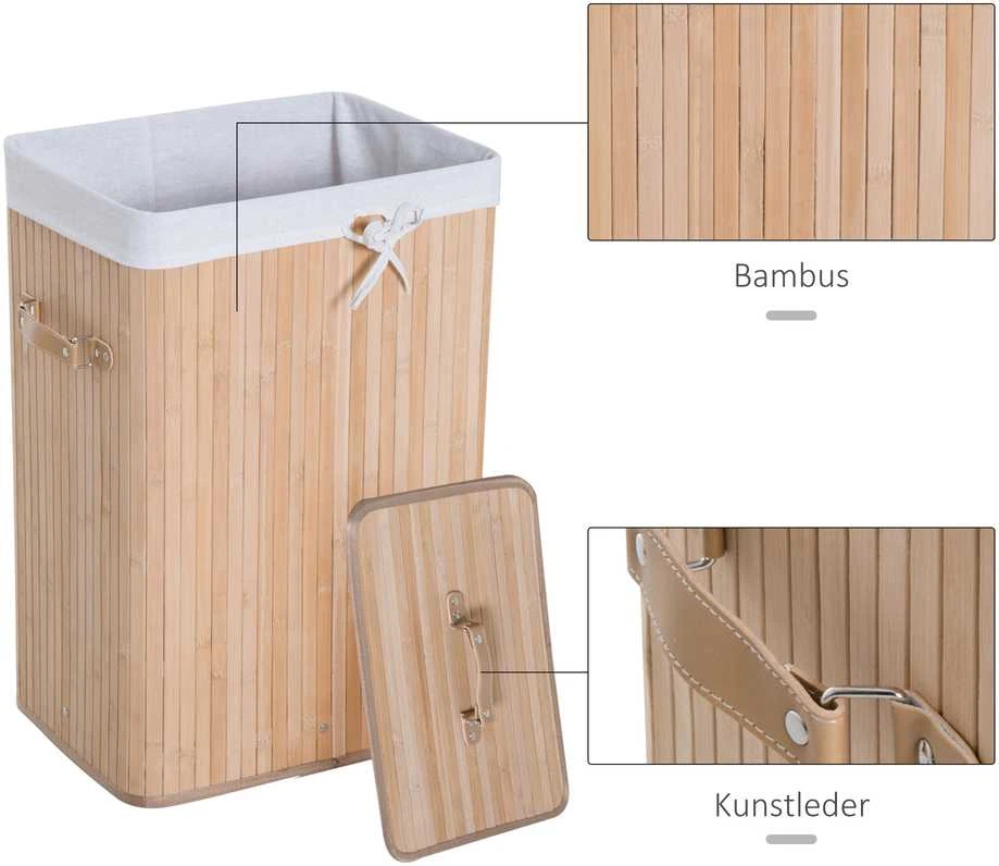 HOMCOM skalbinių krepšys su dangčiu, skalbinių dėžė, drobiniu maišu, bambukinis, sulankstomas, 72 l, natūralus, 40 x 30 x 60 cm