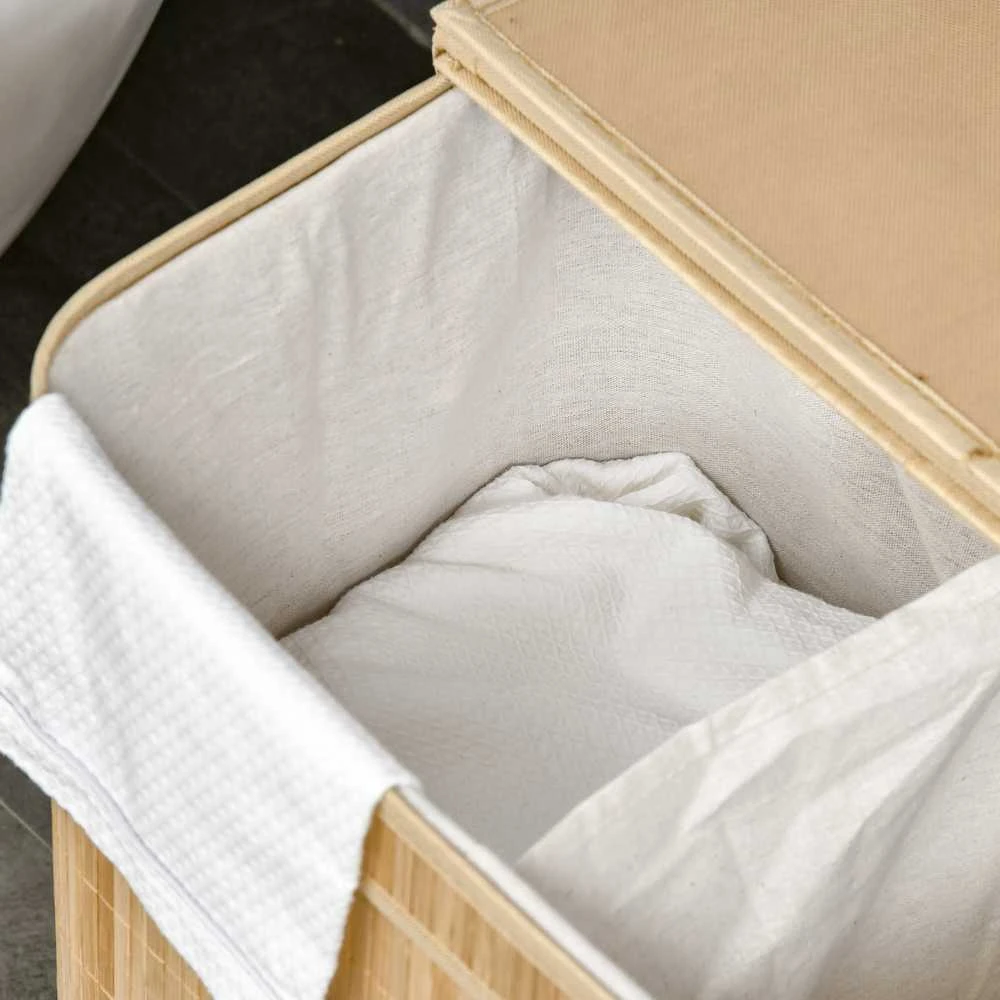 HOMCOM bambukinis skalbinių krepšys su dangčiu ir rankenomis, 90 litrų talpos, 2 skyrių su nuimamu medžiaginiu krepšiu – 54,2 x 35,2 x 59,5 cm
