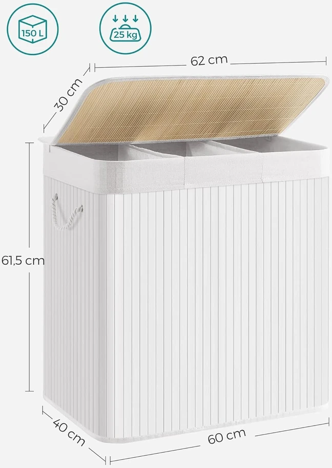 Leobert Skalbinių krepšys su 3 skyriais, 150 l, baltas, 60 × 40 × 61,5 cm