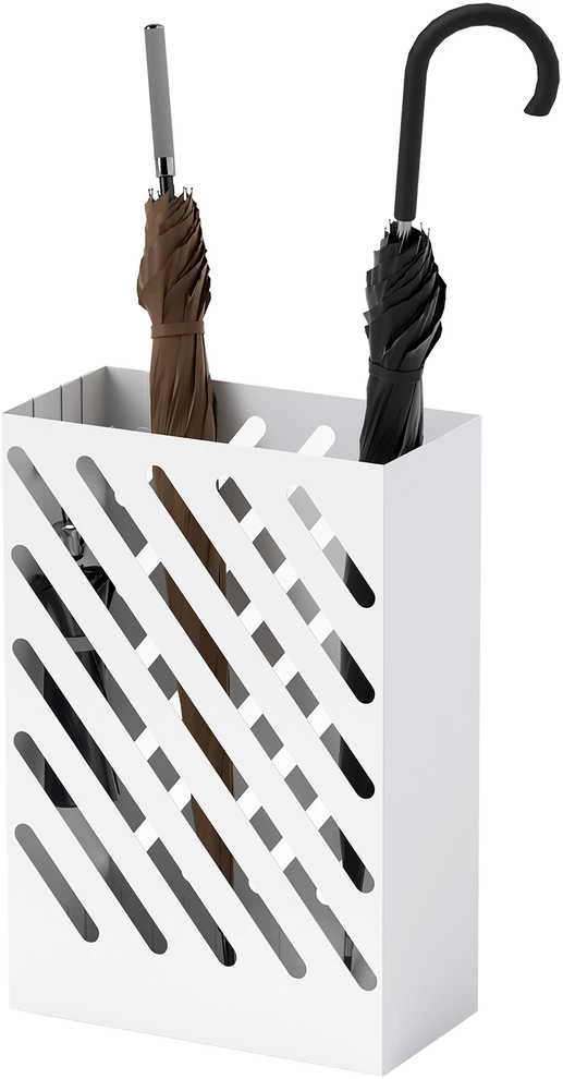 HOMCOM skėčių stovas su 4 kabliukais ir vandens surinkimo padėklu, skirtas skėčiams ir lazdoms, plieno, 28 x 14 x 41 cm, baltas