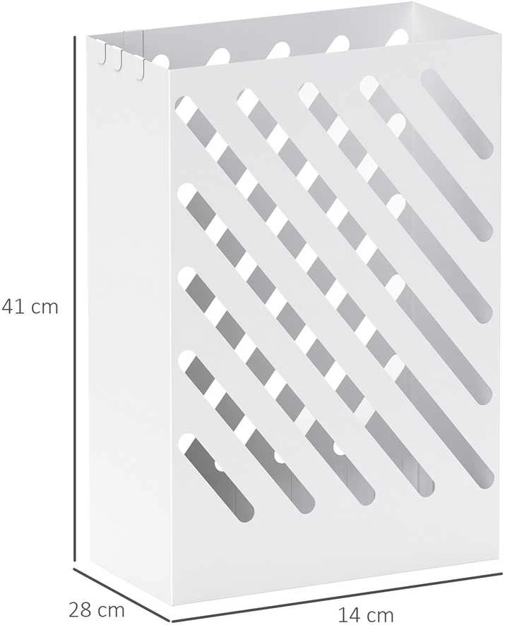 HOMCOM skėčių stovas su 4 kabliukais ir vandens surinkimo padėklu, skirtas skėčiams ir lazdoms, plieno, 28 x 14 x 41 cm, baltas