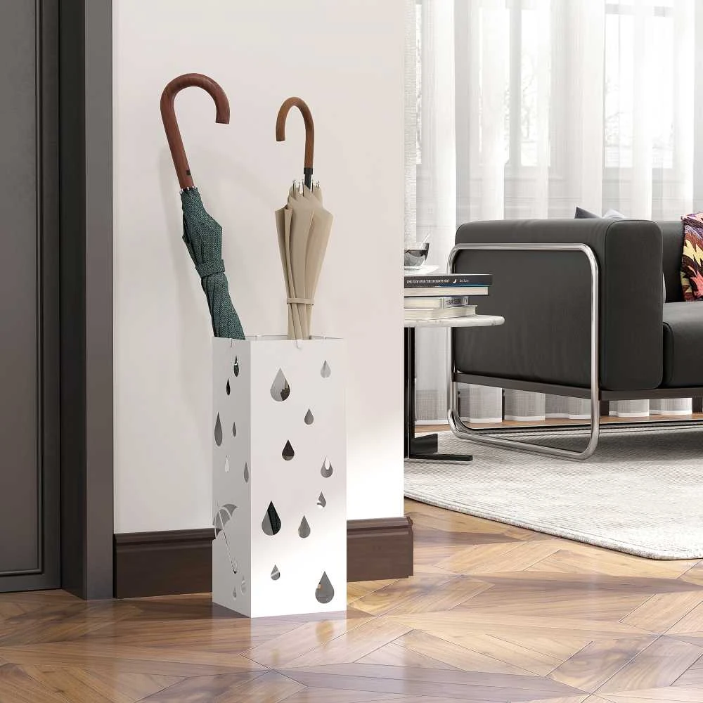 HOMCOM skėčių stovas su 4 kabliukais, vandens surinkimo padėklu, skėčių laikiklis koridoriui, skėčiams ir lazdoms, plieno, 15,5 x 15,5 x 40 cm, baltas
