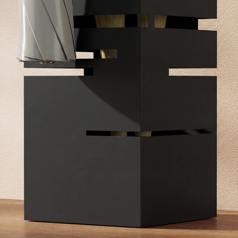 Skėčių stovas su nuimamu vandens surinkimo padėklu ir 4 kabliais, juodas, 15,5 × 15,5 × 49 cm