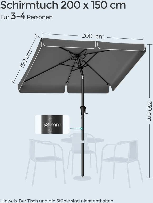 Songmics Skėtis 200 x 150 cm stačiakampio formos pilkos spalvos