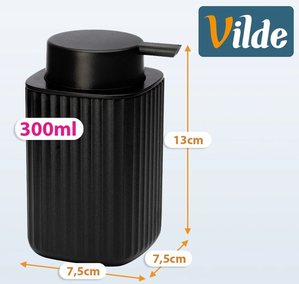 Skysto muilo dozatorius 300 ml, juodas, 7,5 × 7,5 × 13 cm