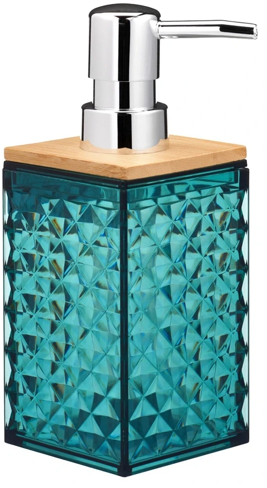 Skysto muilo dozatorius su bambukiniu dangteliu, turkio spalvos, 7 × 7 × 17 cm, 300 ml