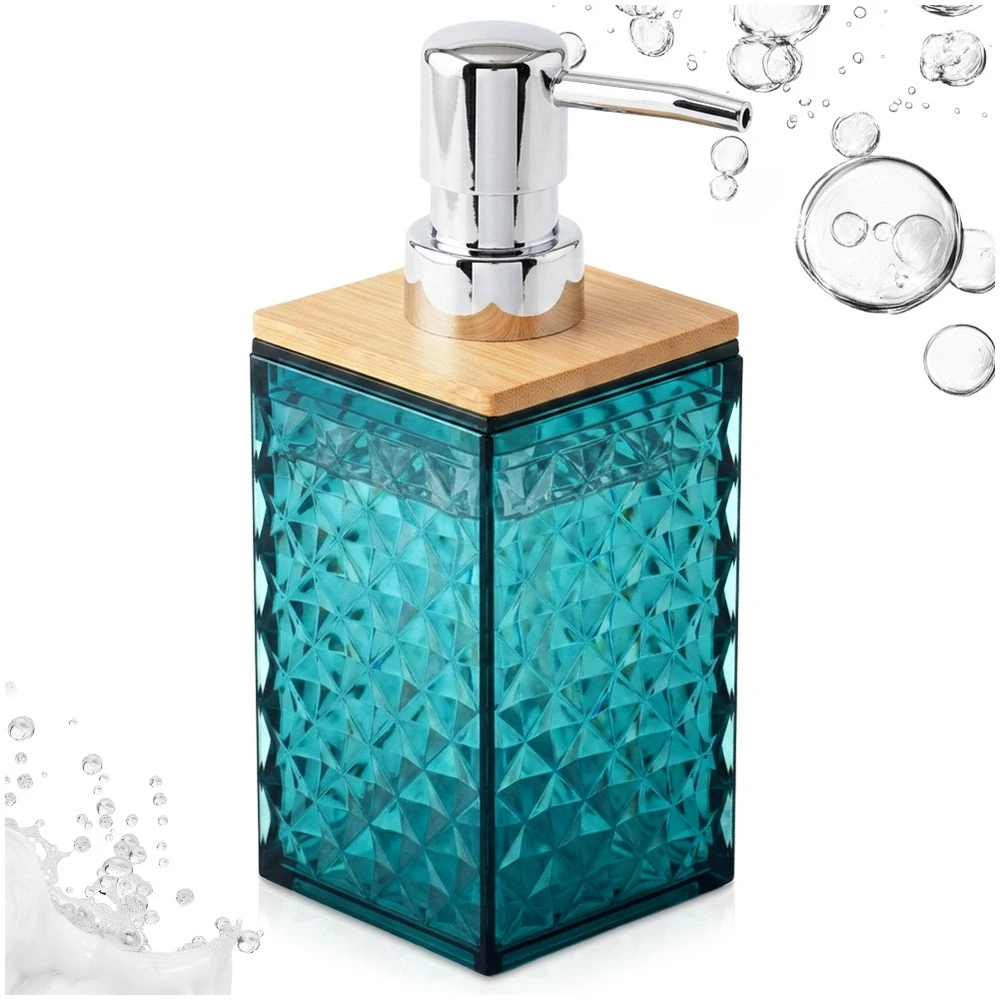 Skysto muilo dozatorius su bambukiniu dangteliu, turkio spalvos, 7 × 7 × 17 cm, 300 ml