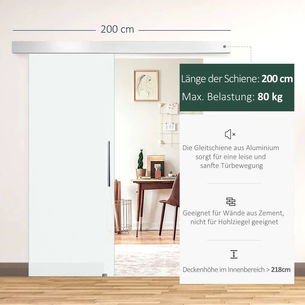 HOMCOM stiklinės stumdomos durys, pilnas komplektas, kambario durys su rankena, viena pusė matinė, 2050x900 mm