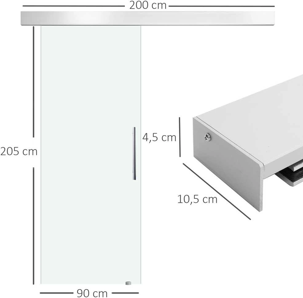 HOMCOM stiklinės stumdomos durys, pilnas komplektas, kambario durys su rankena, viena pusė matinė, 2050x900 mm