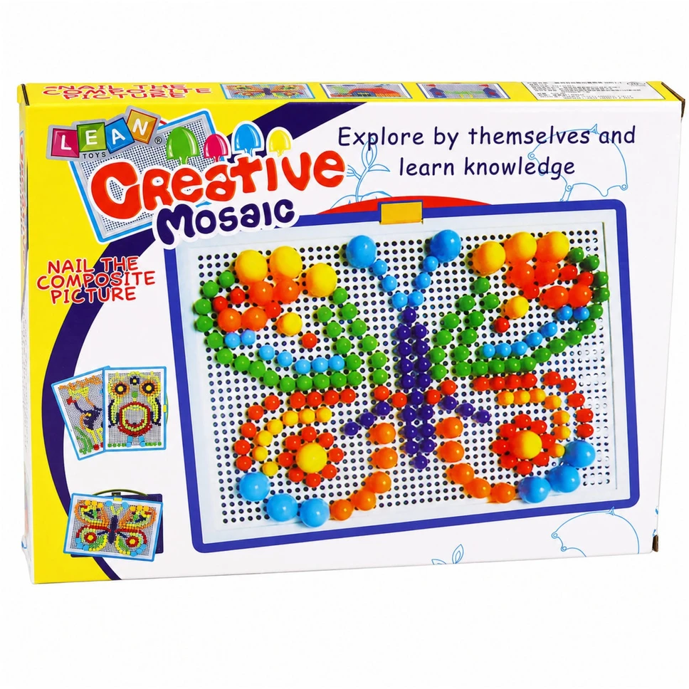 Lean Toys Smeigtukų mozaika su 3 dydžių smeigtukais ir dėklu, spalvota, 28,5 × 21 × 3,5 cm, apie 300 vnt.
