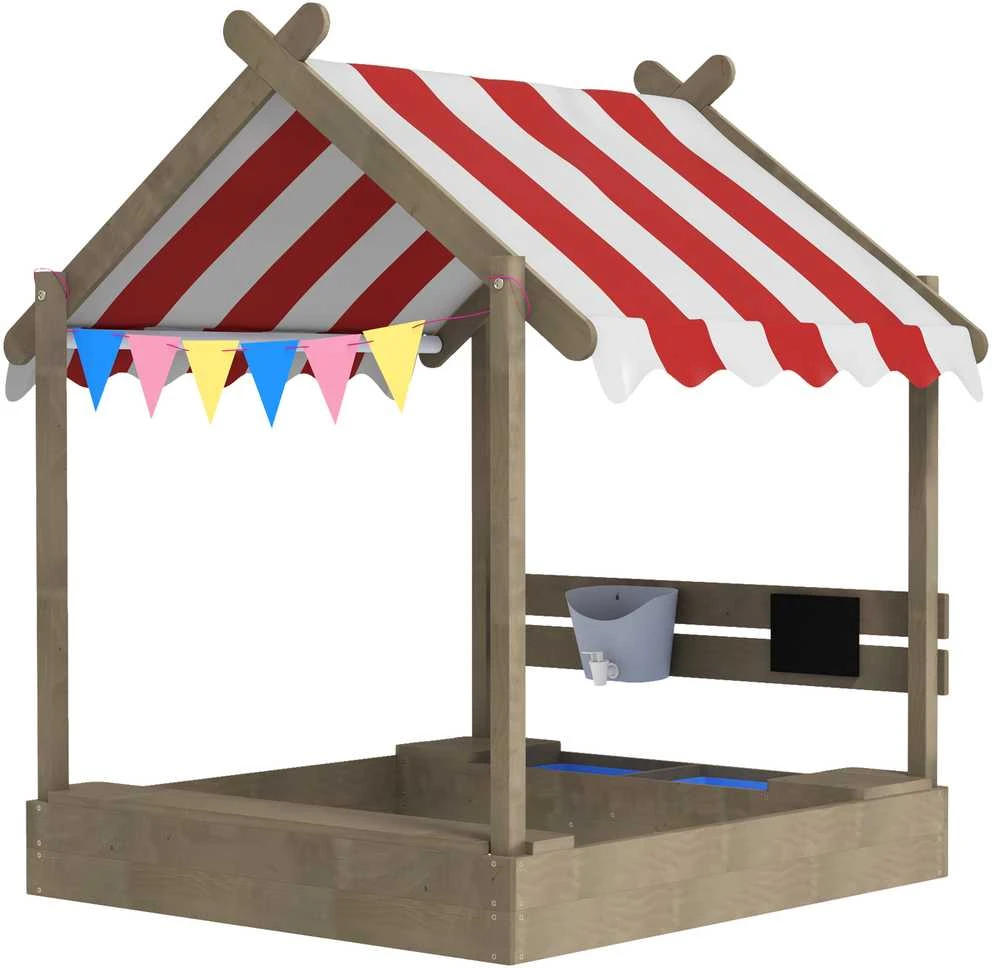 Outsunny smėlio dėžė su stogu, medinė smėlio dėžė su sėdimąja dalimi, žaidimų namelis, 124 x 116 x 146 cm smėlio dėžė su lenta 3-7 metų vaikams, sodui, pilka