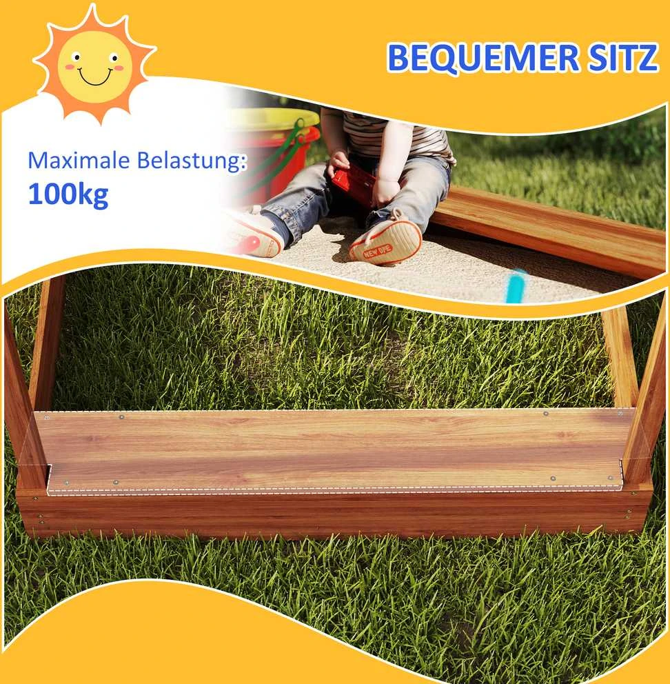 Outsunny smėlio dėžė su stogu, medinė smėlio dėžė su sėdimąja vieta, žaidimų namelis, 124 x 116 x 146 cm, smėlio dėžė su lenta 3-7 metų vaikams, sodui, oranžinė