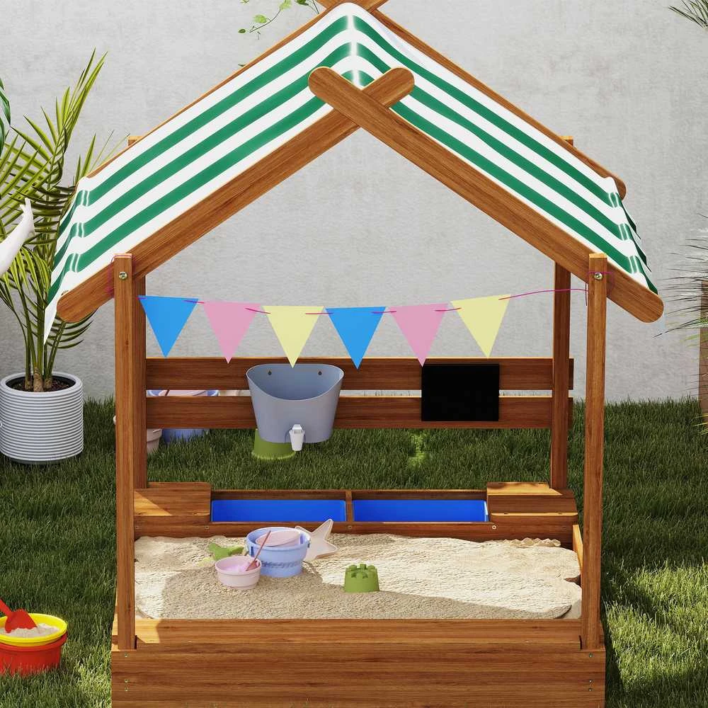 Outsunny smėlio dėžė su stogu, medinė smėlio dėžė su sėdimąja vieta, žaidimų namelis, 124 x 116 x 146 cm, smėlio dėžė su lenta 3-7 metų vaikams, sodui, oranžinė
