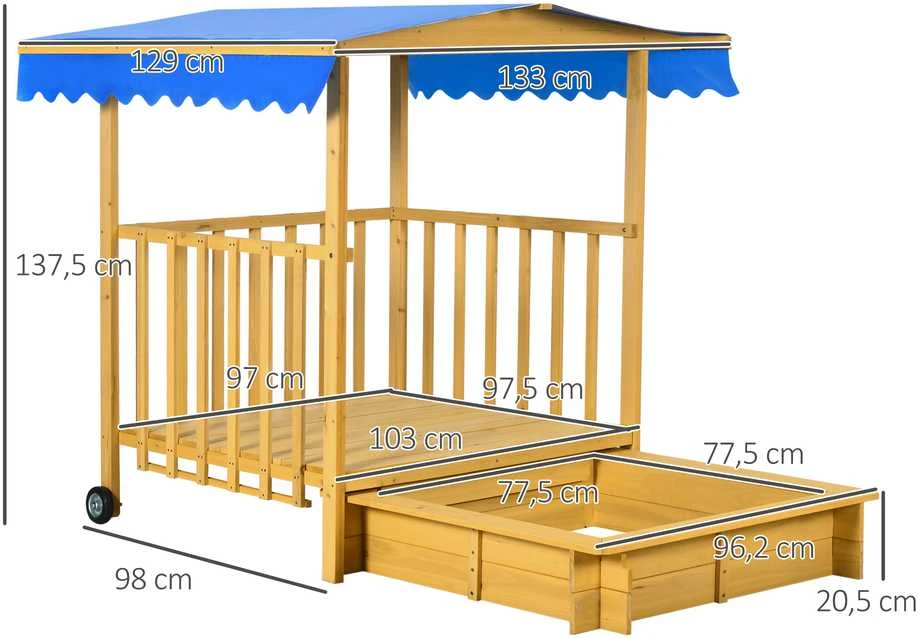 Outsunny smėlio dėžė su stogu, medinė smėlio dėžė su žaidimų nameliu, ratukais, 3-8 metų vaikams, 133x129x137,5 cm, sodui, natūrali