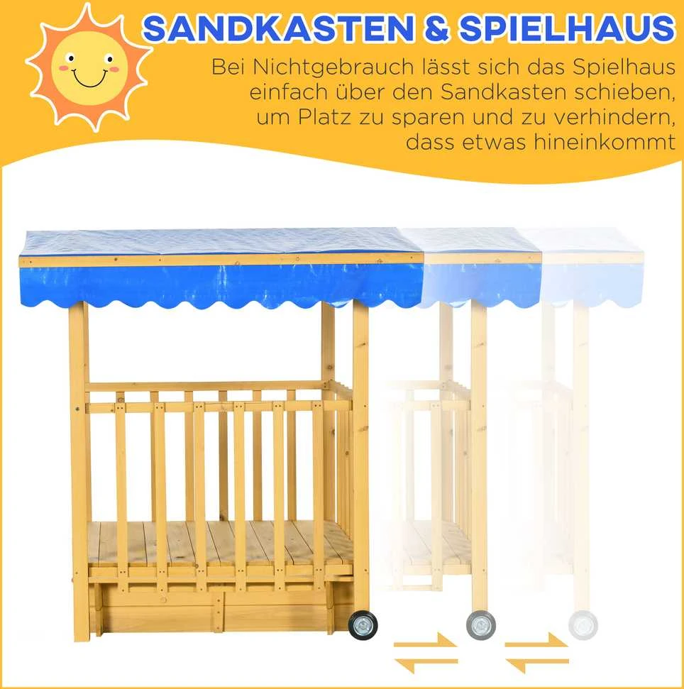 Outsunny smėlio dėžė su stogu, medinė smėlio dėžė su žaidimų nameliu, ratukais, 3-8 metų vaikams, 133x129x137,5 cm, sodui, natūrali