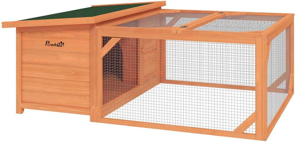 PawHut smulkių gyvūnų narvas nykštukiniams triušiams 125,5x100x49 cm su atidaromu bituminiu stogu, tinka naudoti lauke ir viduje, atsparus oro sąlygoms, iš eglės medienos, oranžinis ir žalias