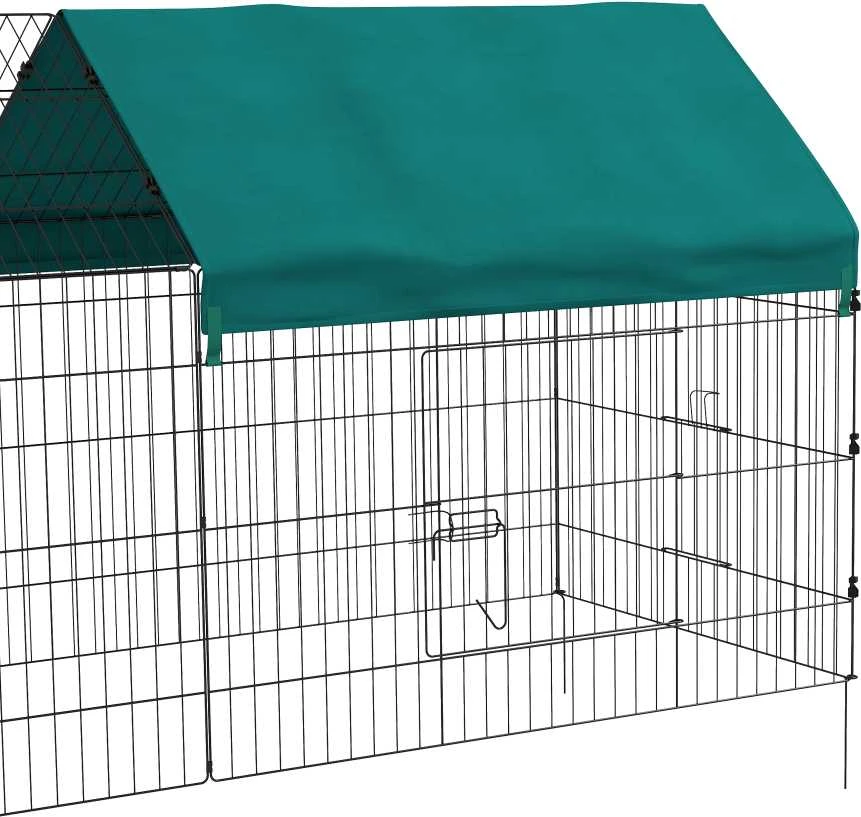 PawHut aptvaras 220 x 85 x 103 cm, smulkių gyvūnų aptvaras su uždanga, 4 durelės, jūrų kiaulyčių aptvaras triušiams, plieno, žalias | Aosom