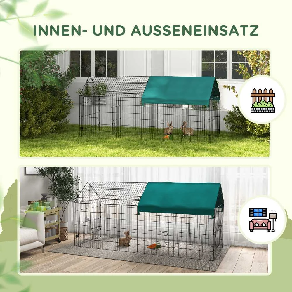 PawHut aptvaras 220 x 85 x 103 cm, smulkių gyvūnų aptvaras su uždanga, 4 durelės, jūrų kiaulyčių aptvaras triušiams, plieno, žalias | Aosom