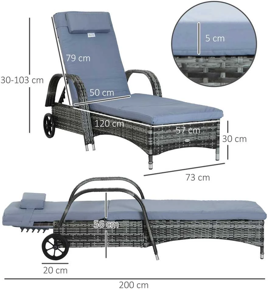 Outsunny sodo gultas, poliratanas ir metalas, pilkas, 200x73x30-103 cm