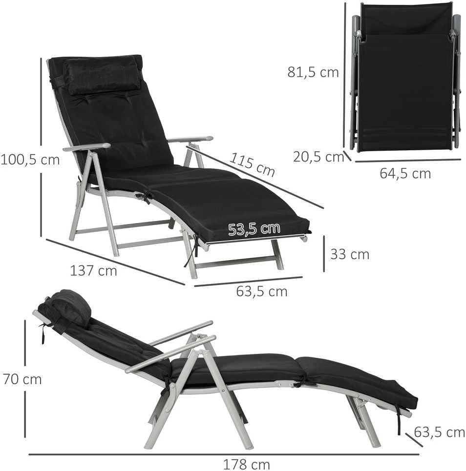 Outsunny sulankstomas reguliuojamas gultas, sodo gultas su pagalve, metalas, audinys, juodas, 137x63,5x100,5 cm