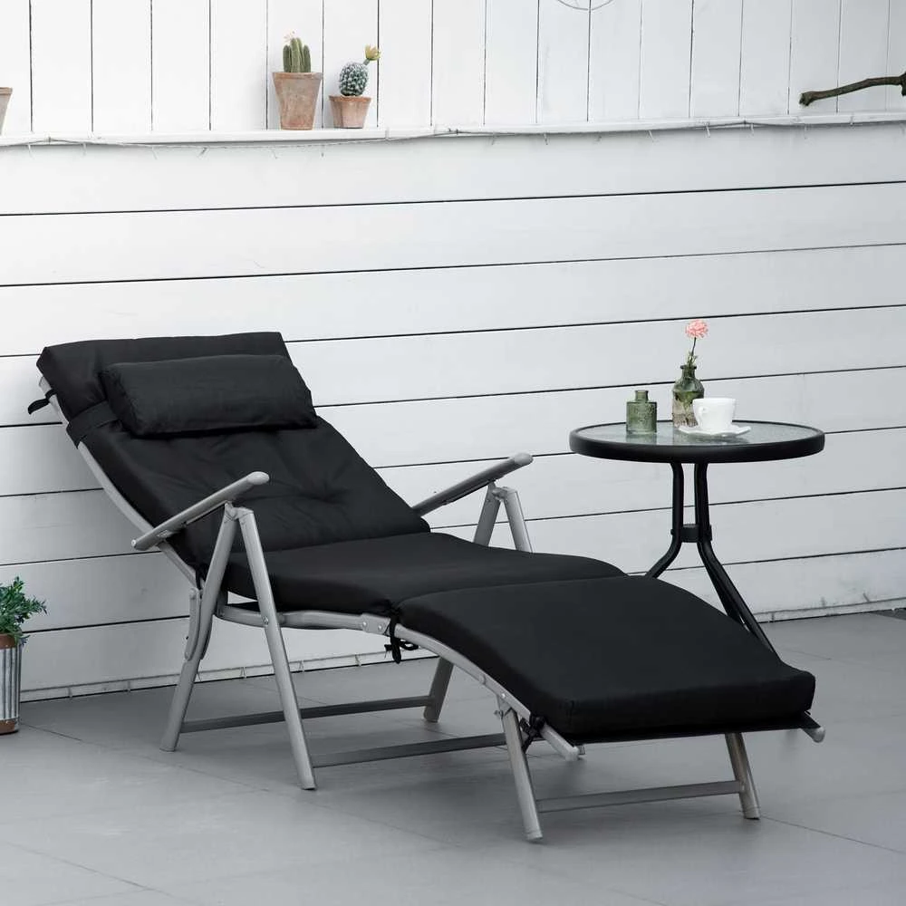 Outsunny sulankstomas reguliuojamas gultas, sodo gultas su pagalve, metalas, audinys, juodas, 137x63,5x100,5 cm